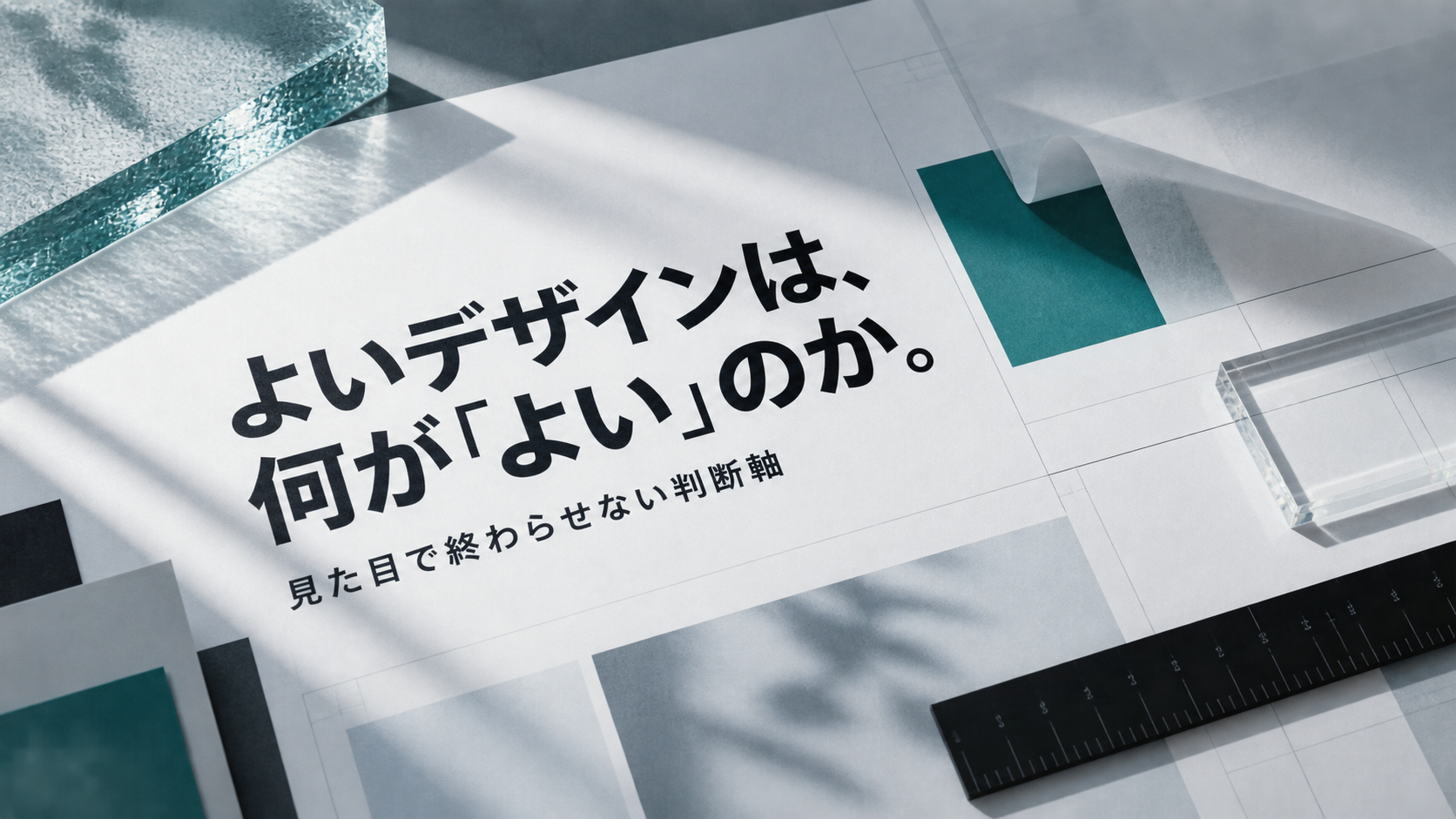 紙、グリッド、アクリル、定規を用いたデザインスタジオの構図と、よいデザインは何がよいのかという見出し